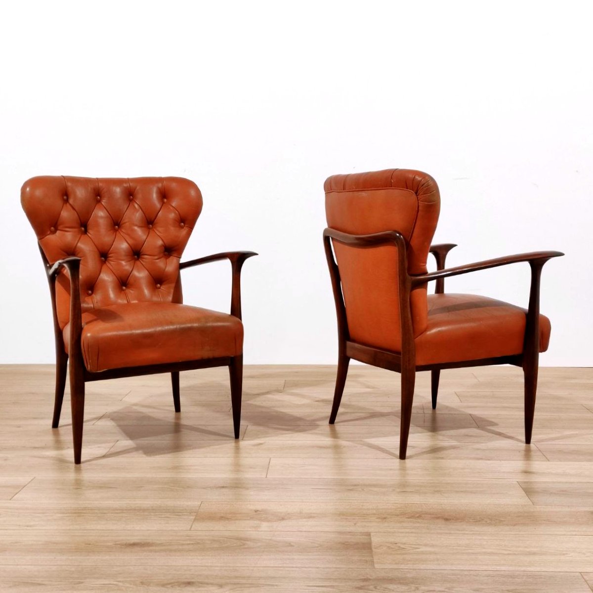 COPPIA DI POLTRONE IN LEGNO E PELLE, PAOLO BUFFA  (attrib.) ANNI '50-photo-4