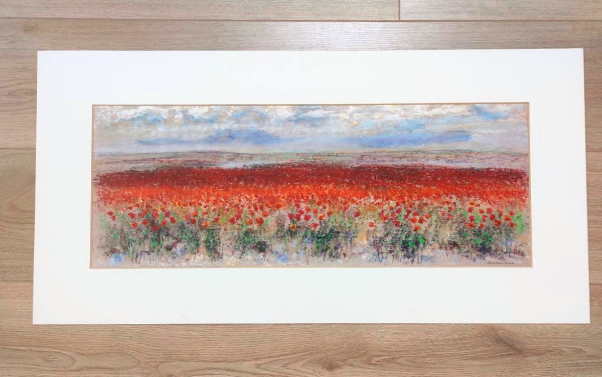 ADDAMIANO NATALE, 'CAMPO DI PAPAVERI' PASTELLO SU CARTA FIRMATO -photo-3