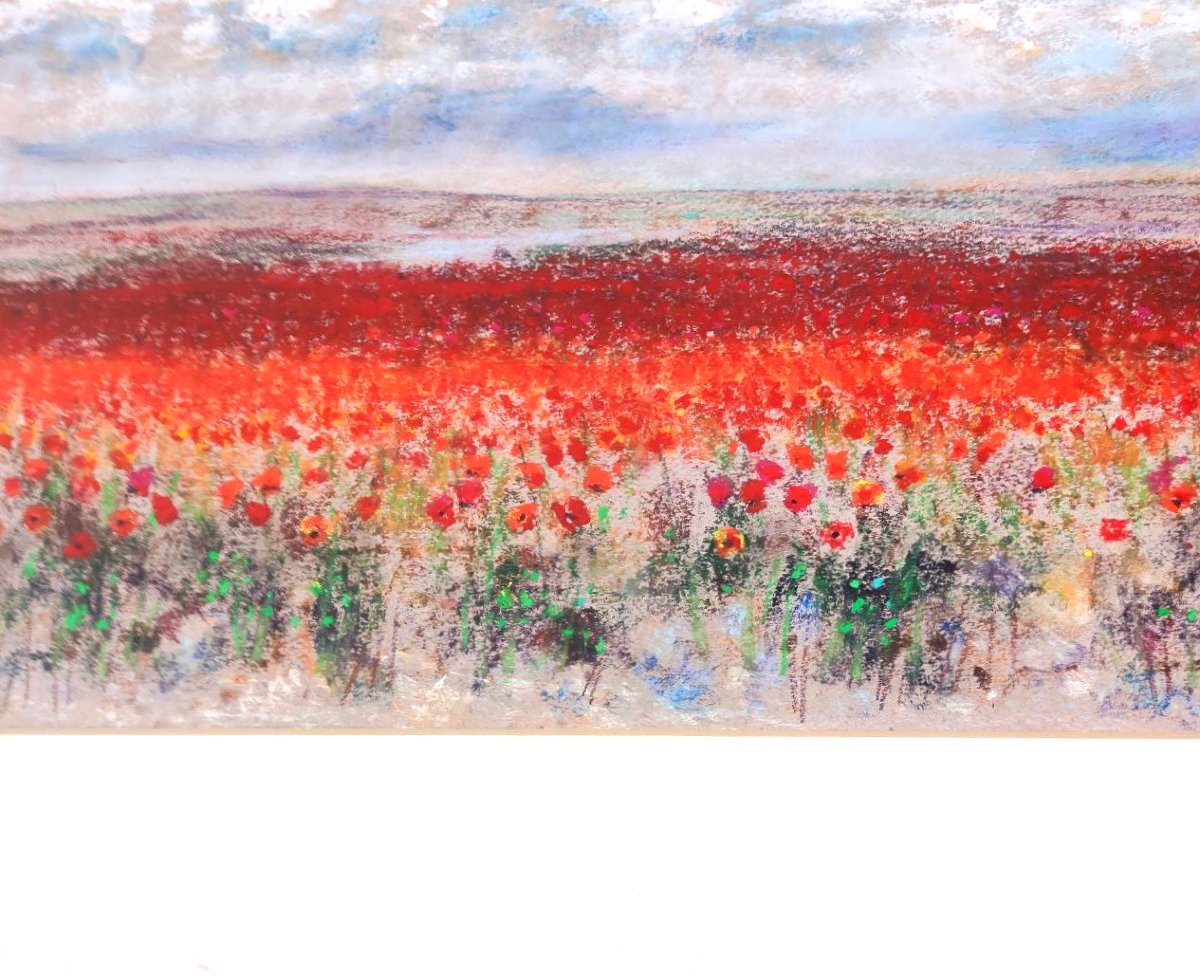 ADDAMIANO NATALE, 'CAMPO DI PAPAVERI' PASTELLO SU CARTA FIRMATO -photo-3
