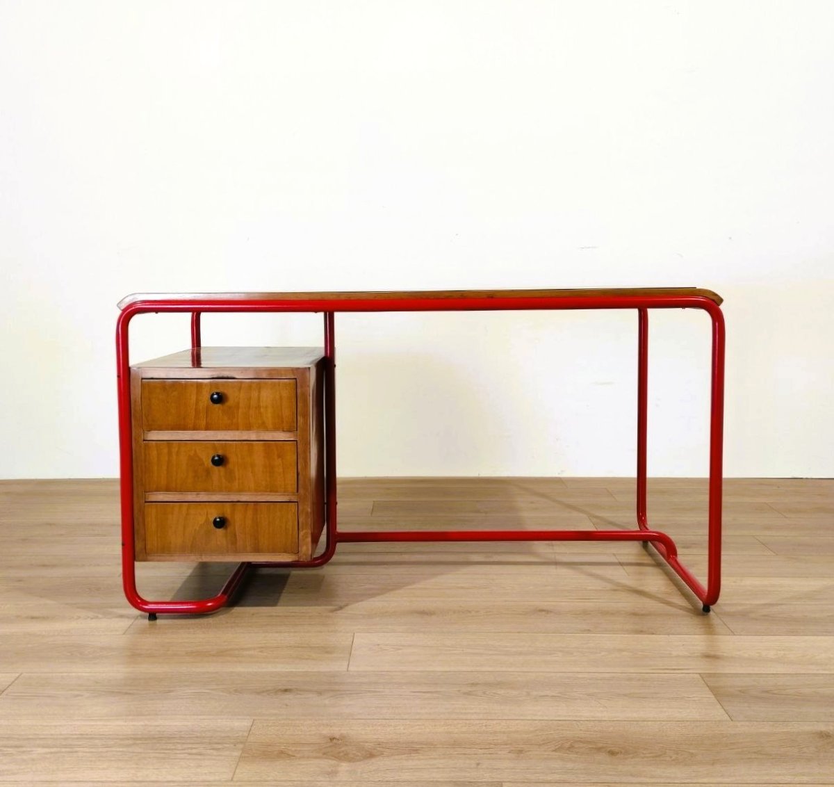 SCRIVANIA STILE BAUHAUS IN TUBOLARE ROSSO, LEGNO E VETRO, ANNI '50-photo-2