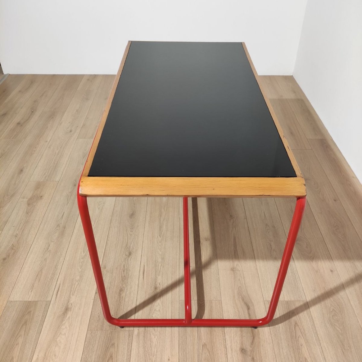 SCRIVANIA STILE BAUHAUS IN TUBOLARE ROSSO, LEGNO E VETRO, ANNI '50-photo-6