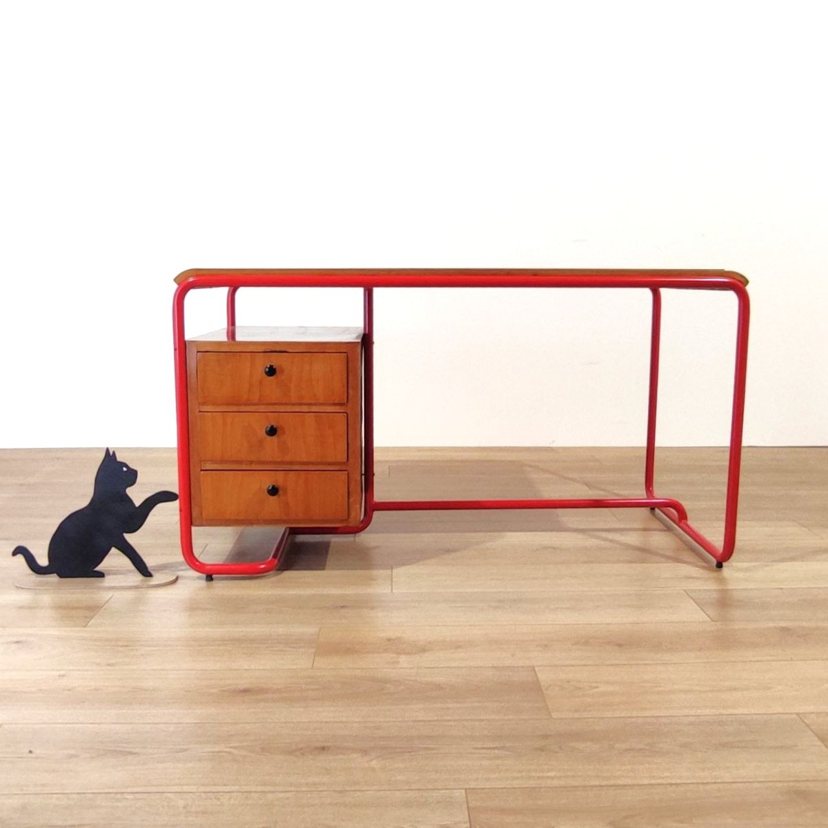 SCRIVANIA STILE BAUHAUS IN TUBOLARE ROSSO, LEGNO E VETRO, ANNI '50-photo-8