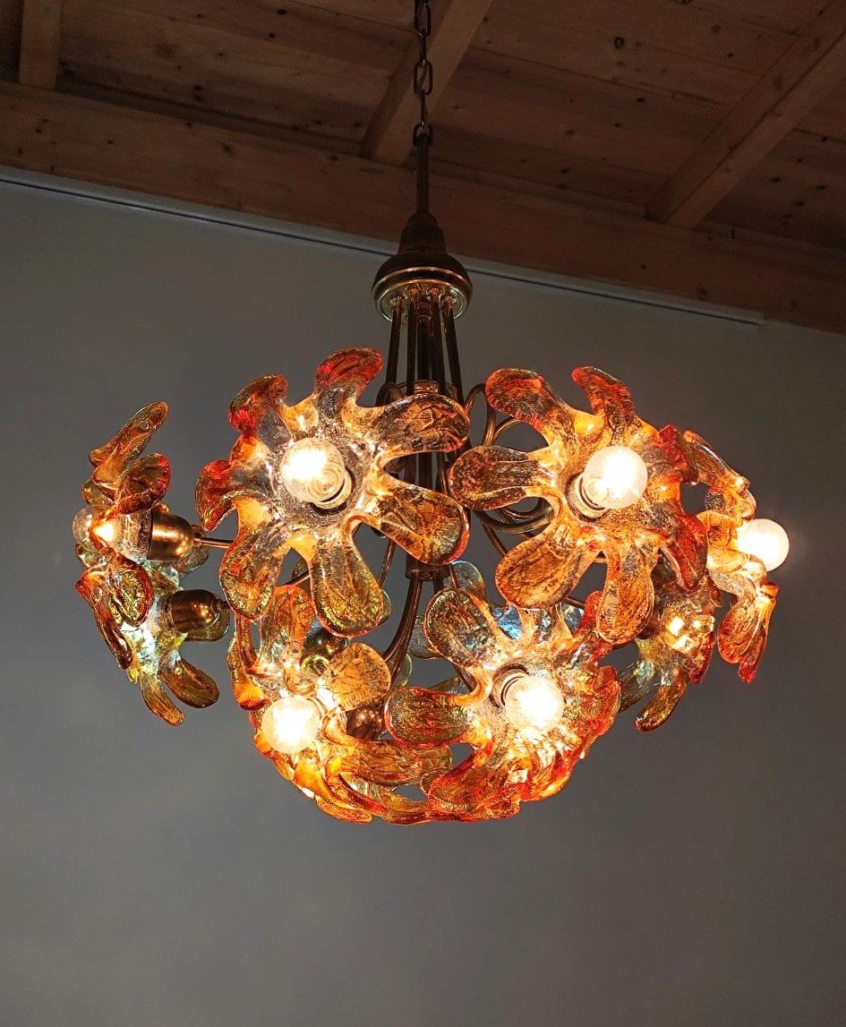 LAMPADA A SOSPENSIONE CON FIORI IN VETRO DI MURANO, ANNI '70-photo-2