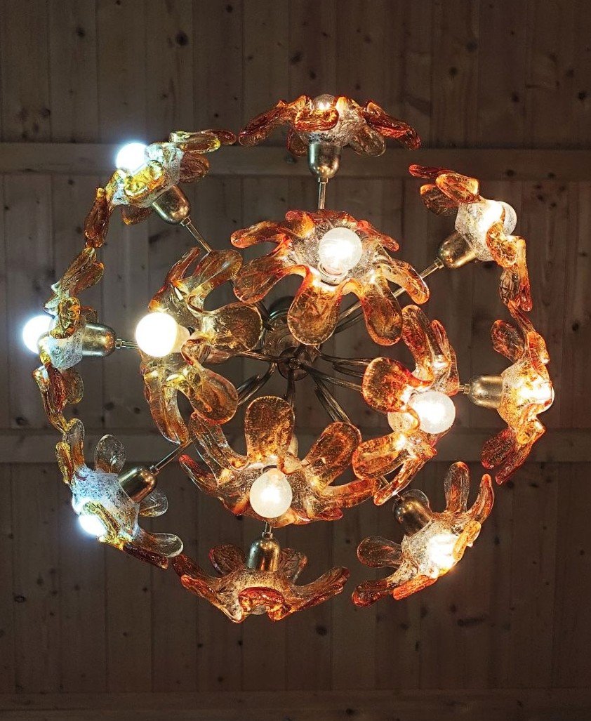 LAMPADA A SOSPENSIONE CON FIORI IN VETRO DI MURANO, ANNI '70-photo-7