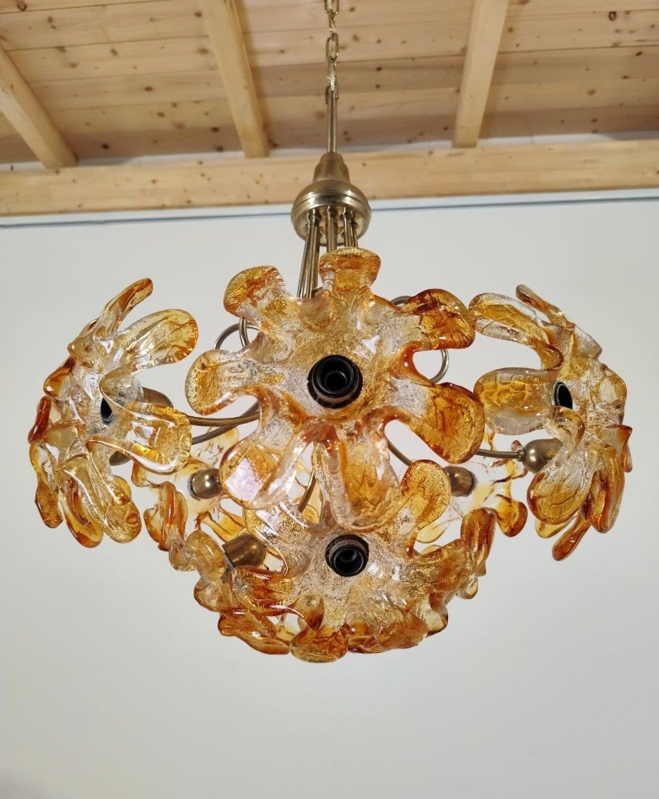 LAMPADA A SOSPENSIONE CON FIORI IN VETRO DI MURANO, ANNI '70-photo-1