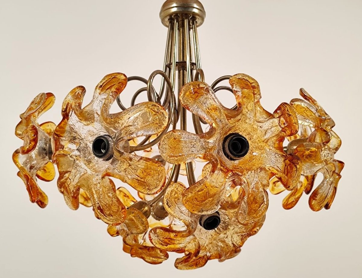 LAMPADA A SOSPENSIONE CON FIORI IN VETRO DI MURANO, ANNI '70-photo-2