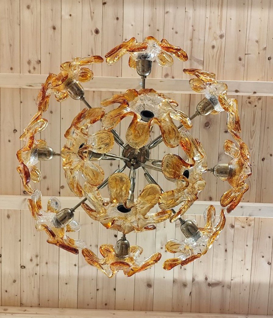 LAMPADA A SOSPENSIONE CON FIORI IN VETRO DI MURANO, ANNI '70-photo-3