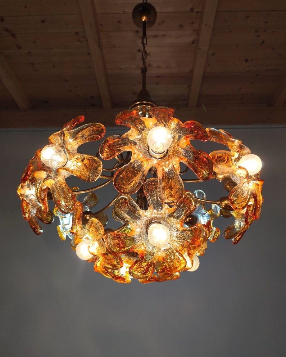 LAMPADA A SOSPENSIONE CON FIORI IN VETRO DI MURANO, ANNI '70