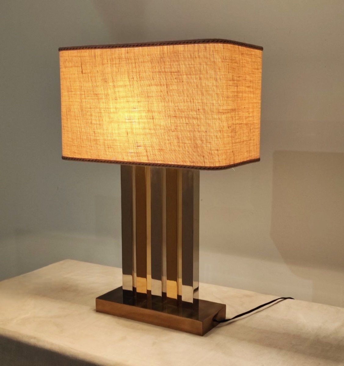 LAMPADA DA TAVOLO OTTONE E METALLO CROMATO, ITALIA ANNI '70-photo-2