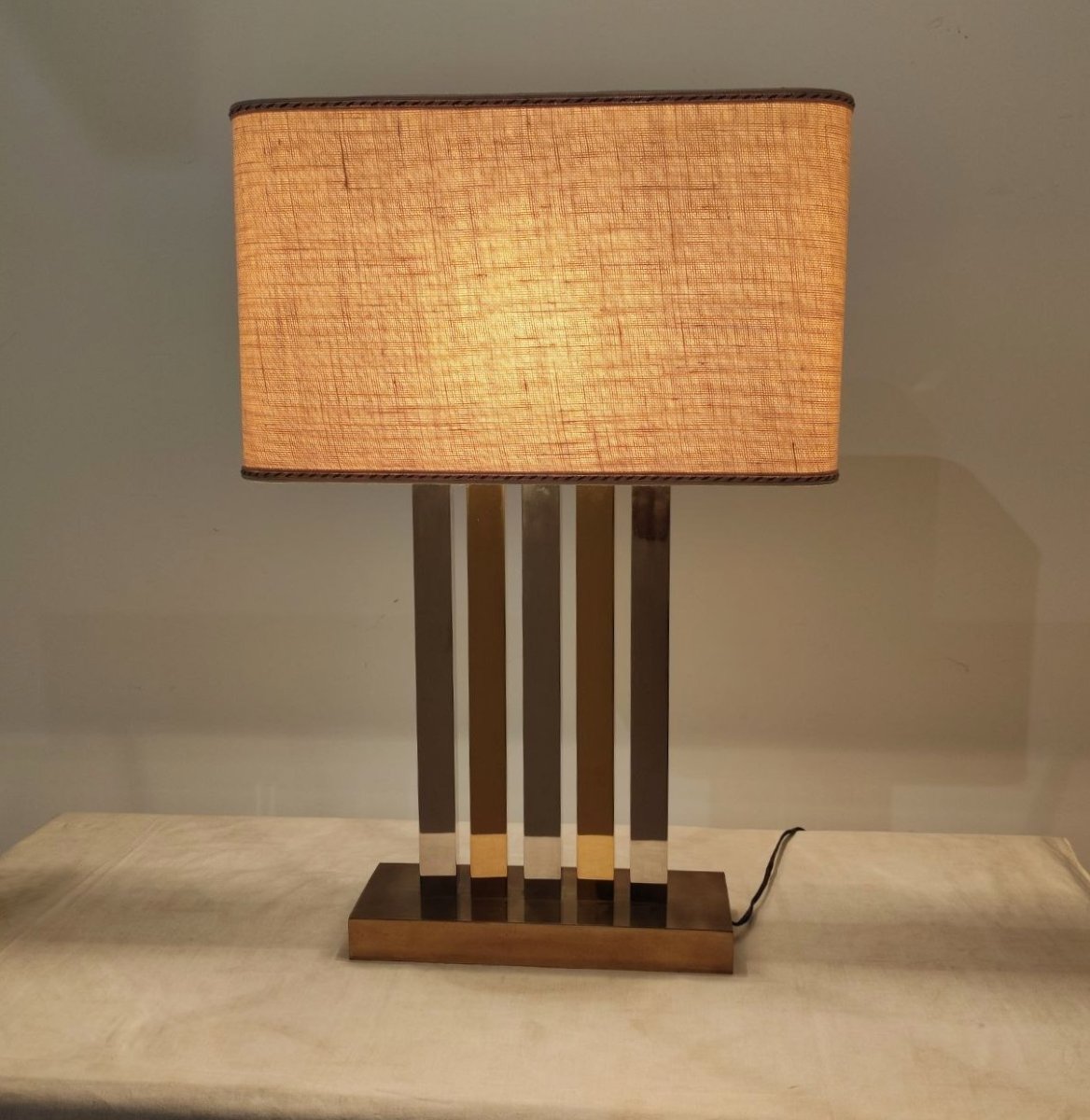 LAMPADA DA TAVOLO OTTONE E METALLO CROMATO, ITALIA ANNI '70-photo-3
