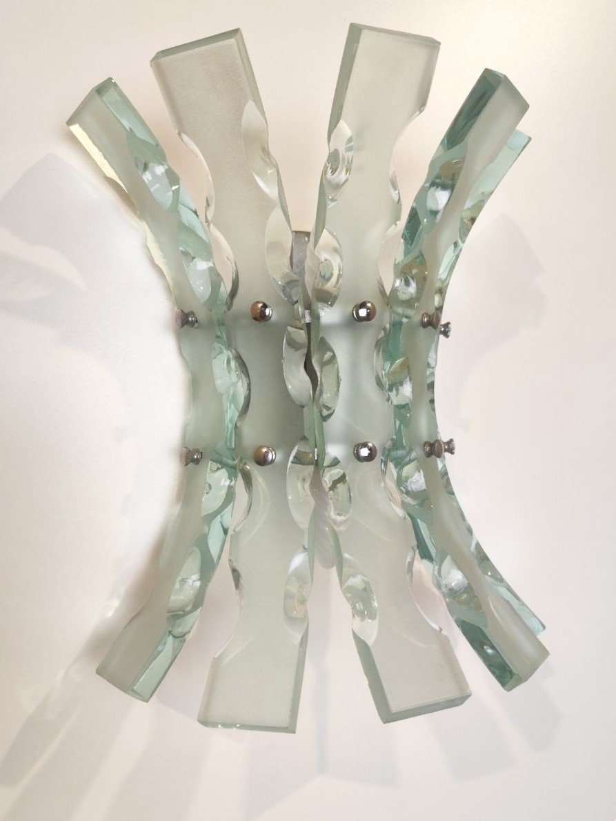 COPPIA DI APPLIQUES IN VETRO SCALPELLATO, PROD. FONTANA ARTE, ANNI '60-photo-2