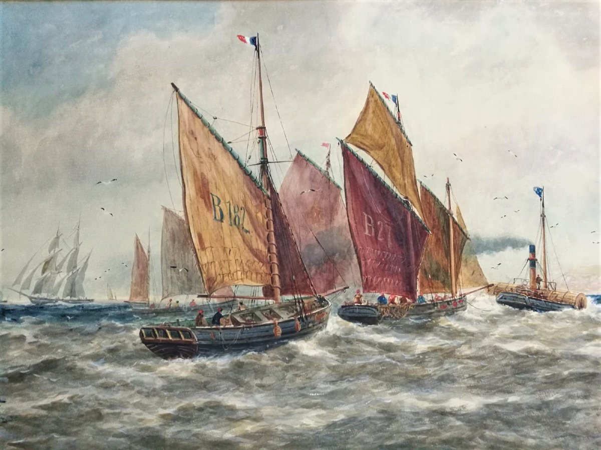 T. B. HARDY R.B.A. GRANDE ACQUERELLO 'FRENCH FISHING BOATS', 1892-photo-2