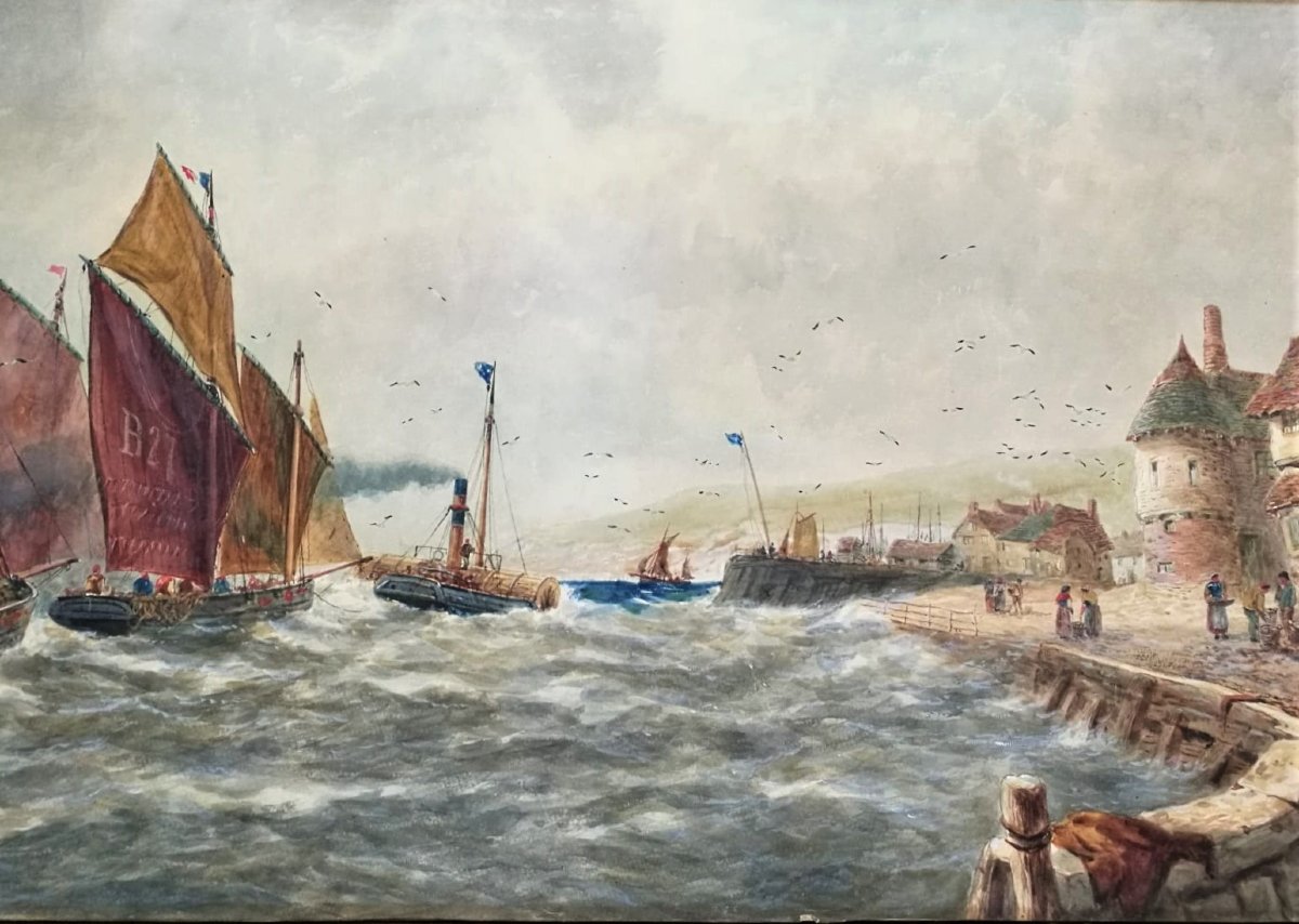 T. B. HARDY R.B.A. GRANDE ACQUERELLO 'FRENCH FISHING BOATS', 1892-photo-1