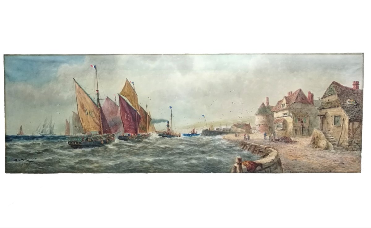 T. B. HARDY R.B.A. GRANDE ACQUERELLO 'FRENCH FISHING BOATS', 1892