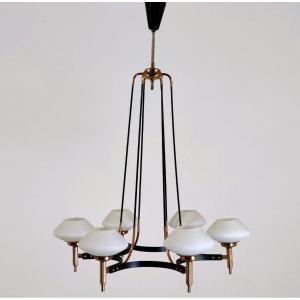 Lampada a sospensione 6 luci, 'Stilnovo' (attr.) anni '50