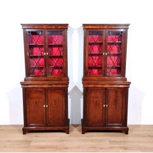 COPPIA PICCOLE LIBRERIE IN NOCE CON  PIANETTO A TIRO, ITALIA XIX sec.