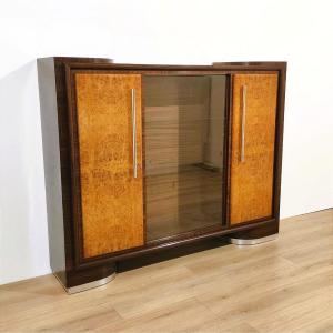 CREDENZA ALTA 'RAZIONALISTA' IN LEGNO E VETRO, ANNI '40/'50