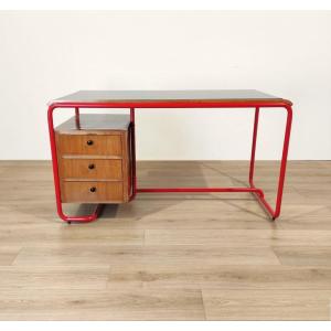 SCRIVANIA STILE BAUHAUS IN TUBOLARE ROSSO, LEGNO E VETRO, ANNI '50