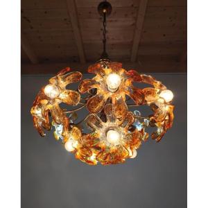LAMPADA A SOSPENSIONE CON FIORI IN VETRO DI MURANO, ANNI '70