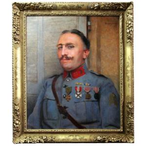 Oil Painting On Canvas Dated 1921, Military Portrait By Paul Leroy