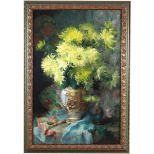 Oil On Canvas Still Life With Flowers And Japanese Satsuma Porcelain