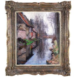 Oil On Canvas "reflections In The Stream" By Georges De Slovere Impressionist Painter