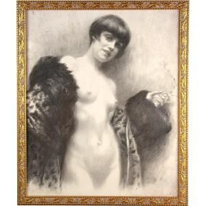 Old Charcoal Drawing On Paper “naked Woman With Cigarette” Italian School 2nd