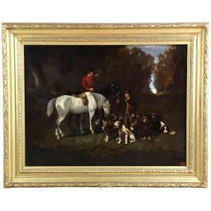 Oil Painting, Hunting Scene With Dogs And Horses Surrounding Or Attr. Alfred De Dreux 19th