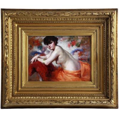 Huile Sur Panneau " Le Coussin Rouge " Nu Par Francois Bonnardel
