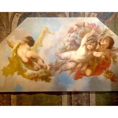 Painted Canvas Of Architectural Woodwork With Angels In Flight In The Vines XIXth
