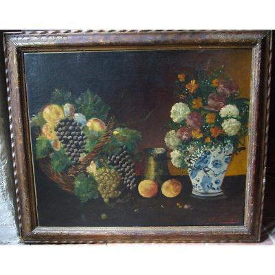 Still Life With Vase Of Flowers And Basket Of Fruits