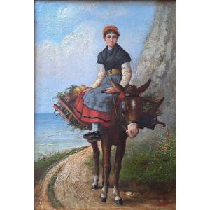 After Augustin Feyen-perrin - Young Girl On Donkey Back In Cancale By Paul Denarié