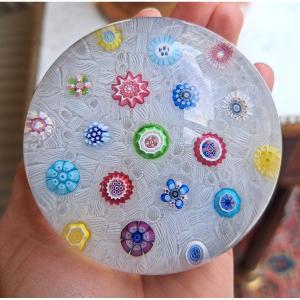 Baccarat - Ball Paperweight Millefiori With White Chiffon Background 1984