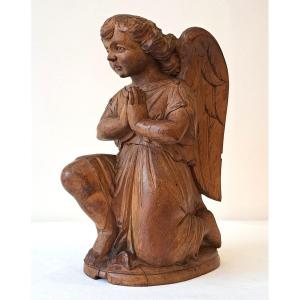 Angel In Prayer, Putto, Cupid In Carved Wood, 19th Century