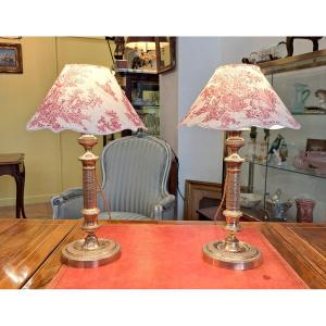Pair Of 19th Century Gilt Bronze Toile De Jouy Lamps