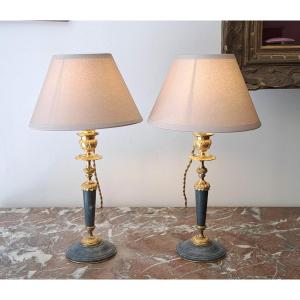 Pair Of Bronze And Marble Lamps In The Louis XVI Style Height 37 Cm