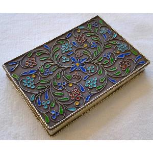 Snuffbox In Solid Silver With Enamelled Decoration Of Polychrome Flowers