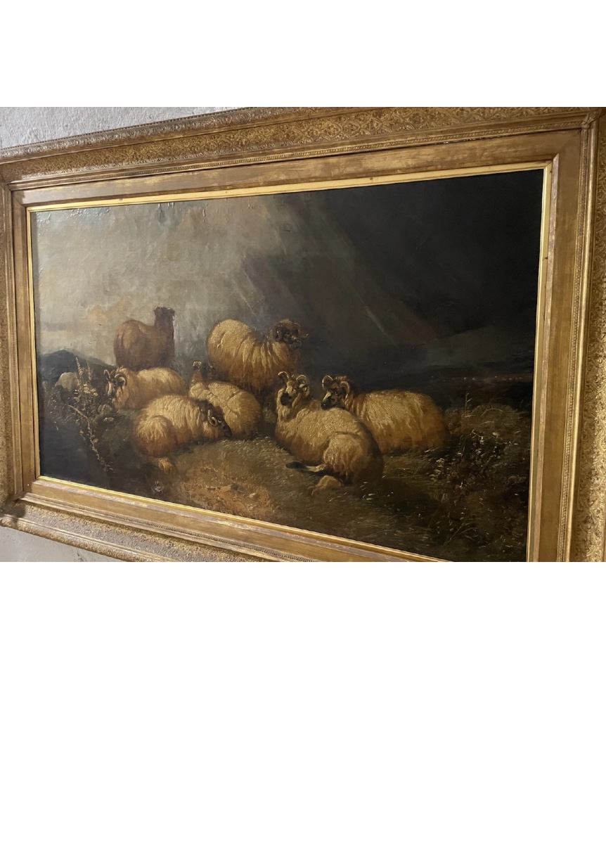 Paesaggio con ovini olio su tela epoca 800