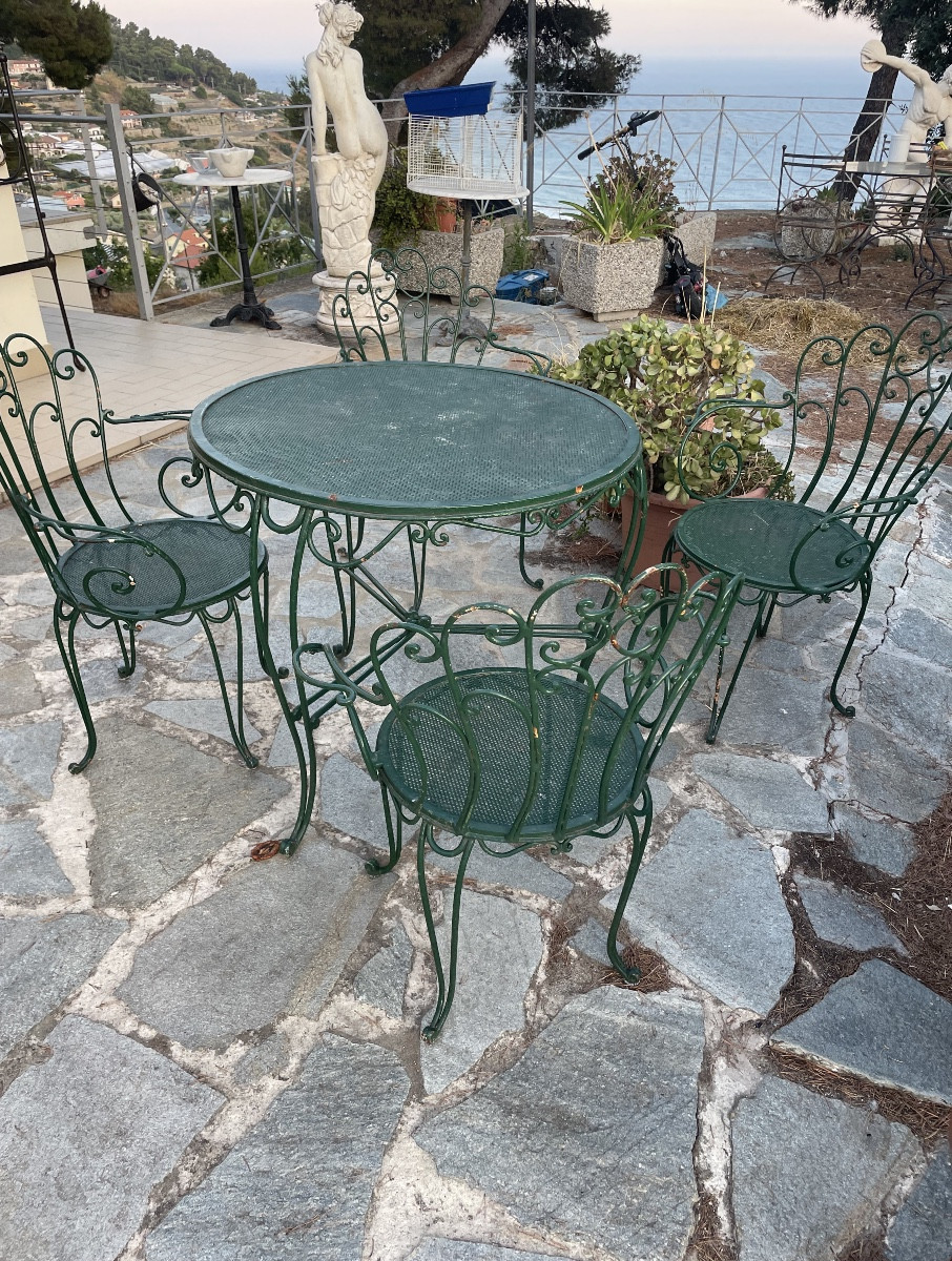 Tavolo e 4 poltrone in ferro battuto anni 60 da giardino tata