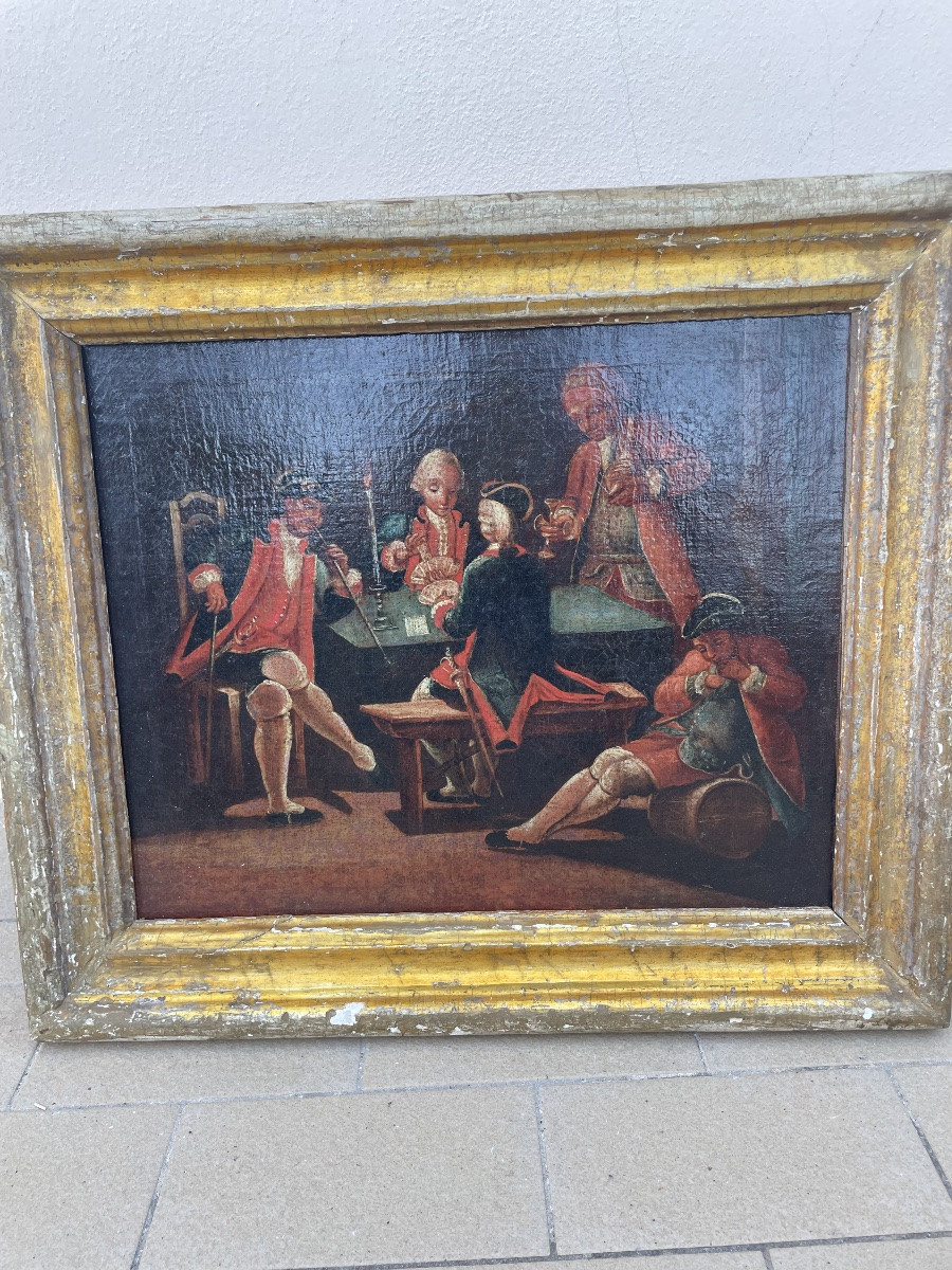 Olio su tela epoca 700 giocatori di carte-photo-1