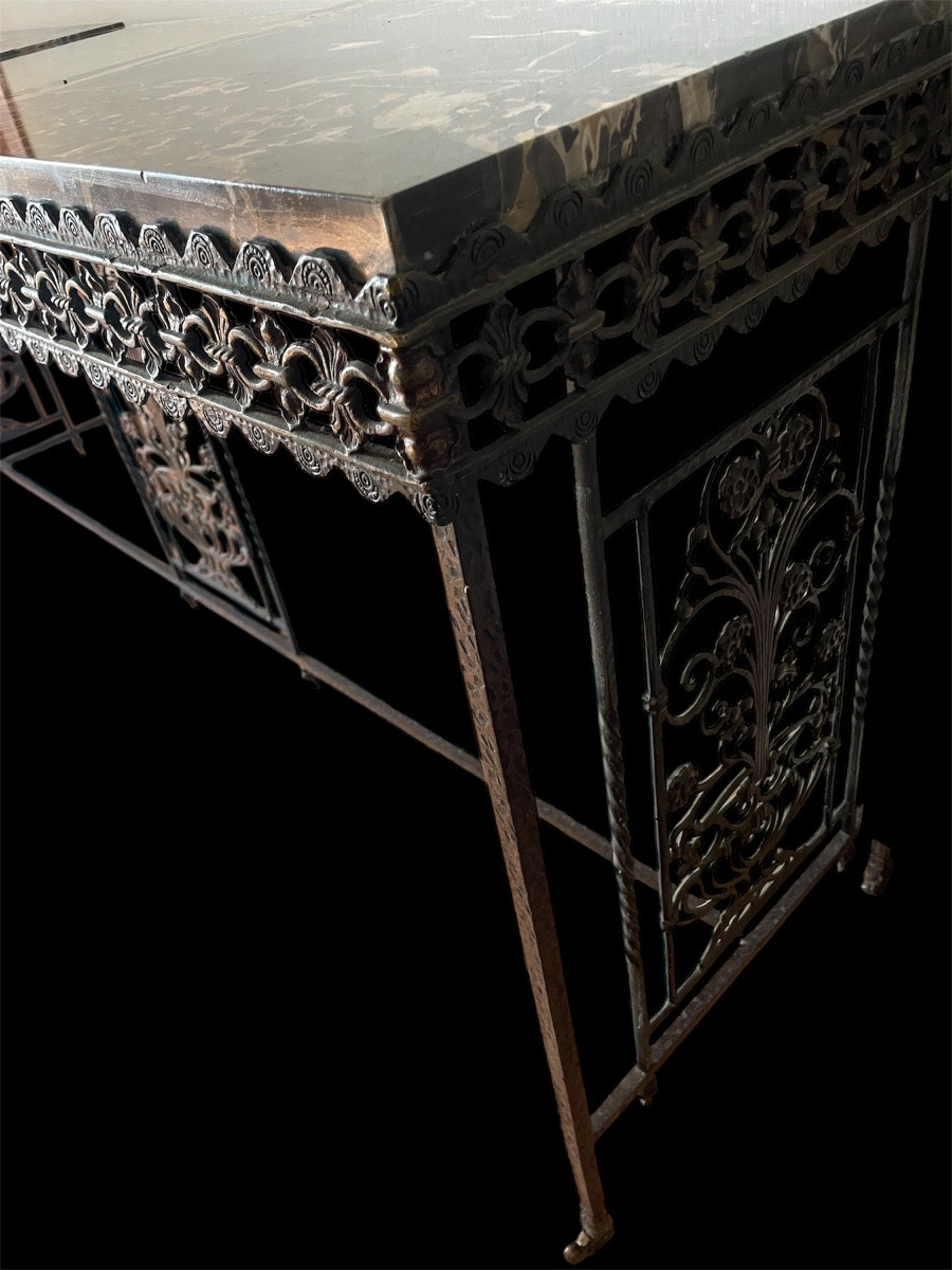 Console in ferro battuto marmo e bronzo art deco anni 1920/30-photo-4