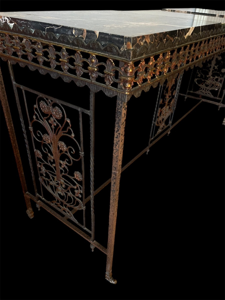 Console in ferro battuto marmo e bronzo art deco anni 1920/30-photo-8