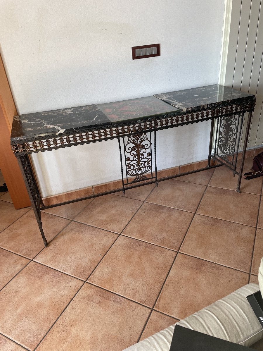 Console in ferro battuto marmo e bronzo art deco anni 1920/30