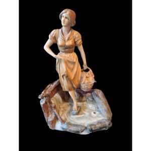 Terracotta By Lorenzo Vergnano 1850-1910 "crossing The Ford"