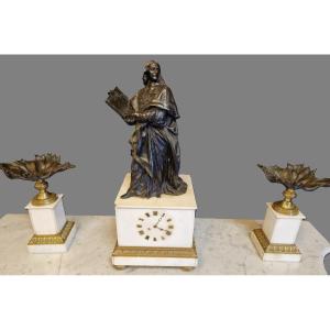 Marble And Bronze Clock - With Two Cassolettes - 19th Century