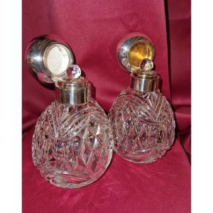 Pair Of Crystal And Sterling Silver Perfume Bottles - 19th Century