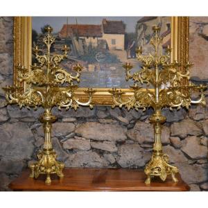 Pair Of Candlesticks In Gilt Bronze - 1m08 High