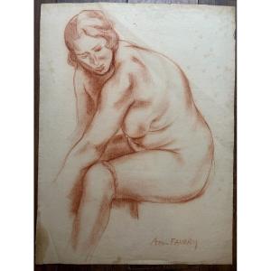 Andre Favory Nude In Sanguine Stockings On Paper