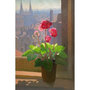 Pierre Laroche (1893-1982) Bouquet At The Window, View Of Lyon 