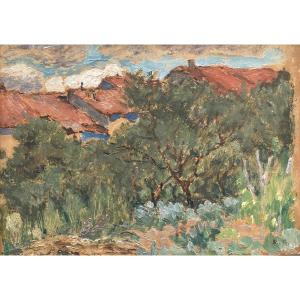 Pyotr Alexandrovich Nilous (1869-1943) Russian Houses With Red Roofs 